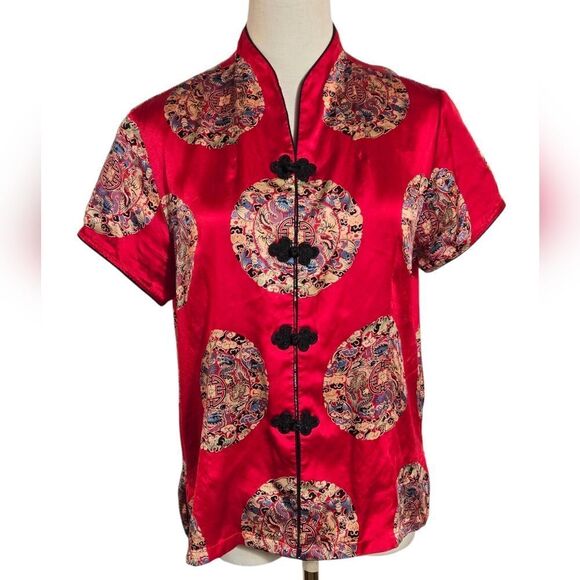 Jade Red Satin Asian Style Top Blouse - Picture 1 of 9